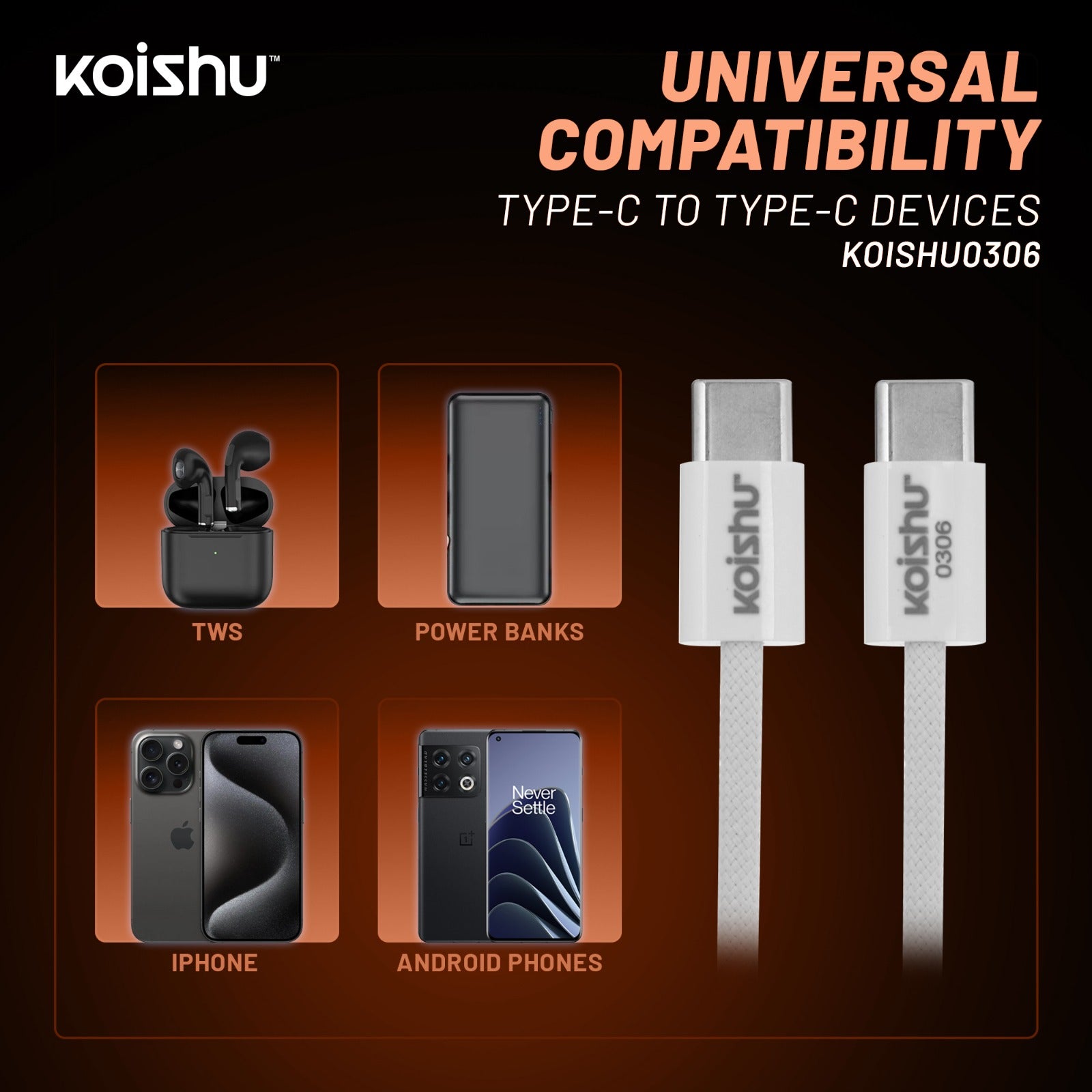 KOISHU C To C Braided Data Cable (65W Fast Charging)